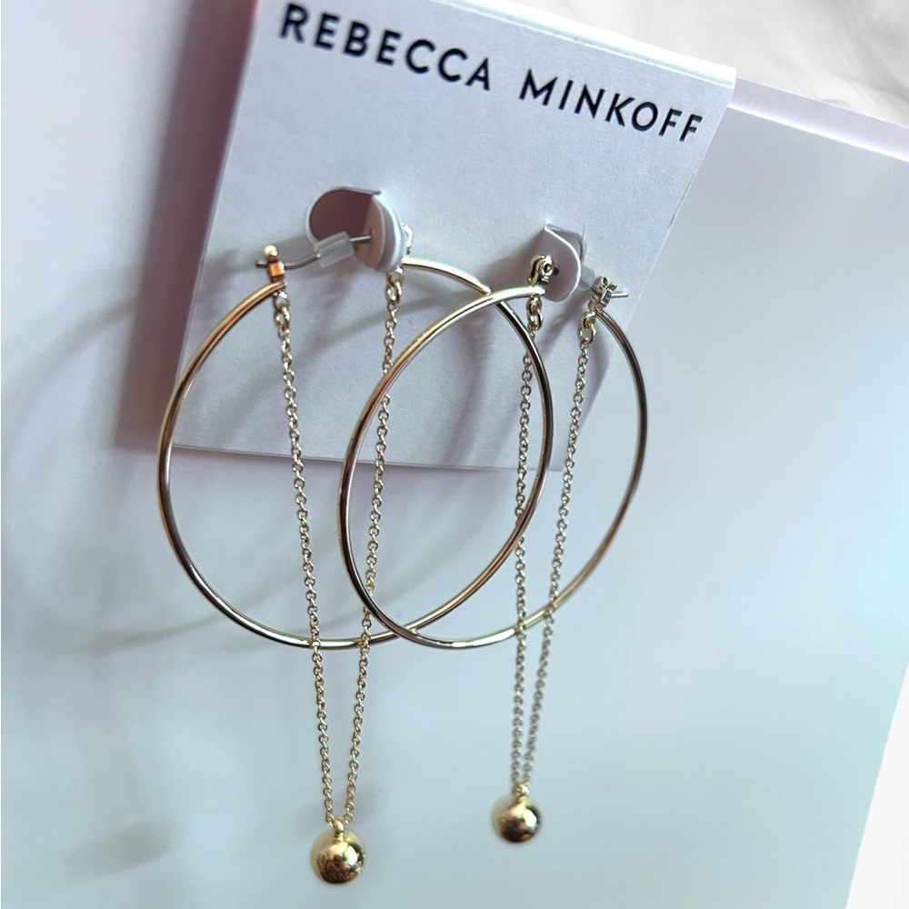 Rebecca Minkoff Gold Hoop Earrings Chain & Ball Dangle Pierced NWT - Picture 2 of 5